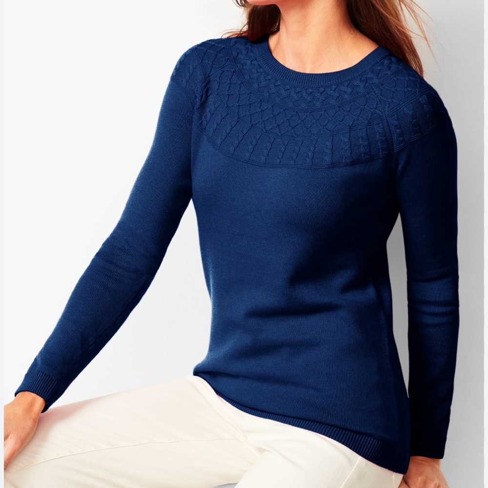 Talbots‎ Royal Blue Cable Yoke Knit Cotton Blend Crewneck Sweater Size Medium